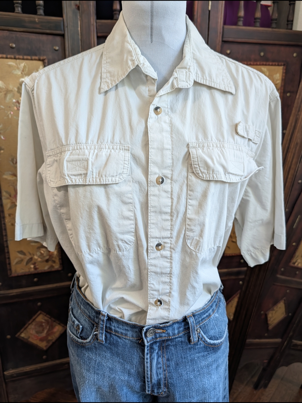 Wrangler Cream Cotton Short Sleeve Button-Down Shirt Safari Hiking Outdoor